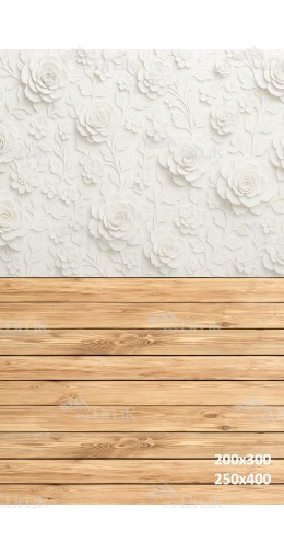 Tło fotograficzne „Biała ściana z tłoczonym wzorem kwiatów i jasną drewnianą podłogą” | 3807